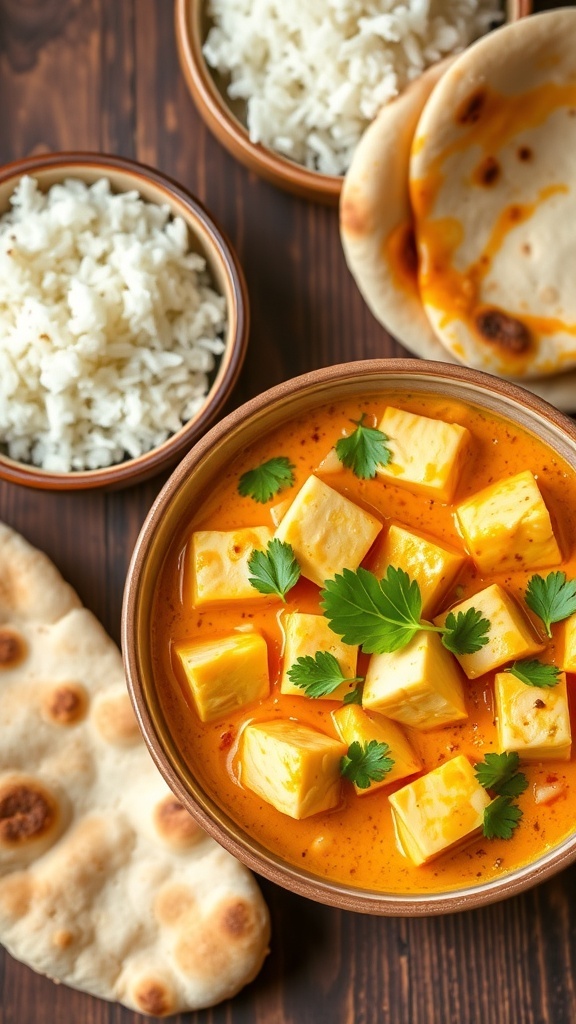 A bowl of Butter Paneer with creamy gravy and paneer cubes, garnished with coriander, served with naan and rice.